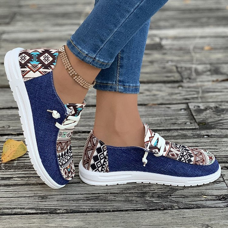 Women's Ethnic Aztec Canvas Sneakers - Tribal Print Casual Slip-On Shoes
