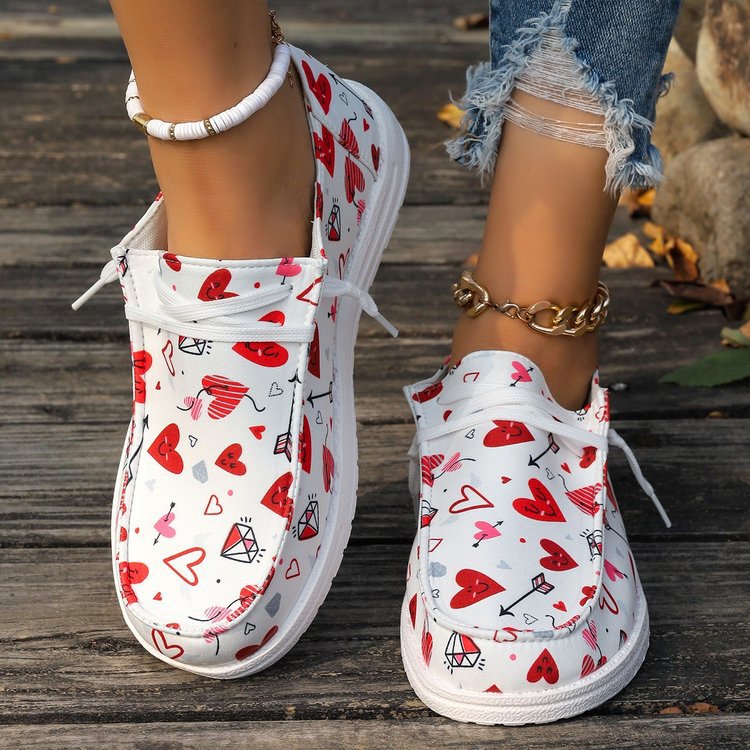 Women's Heart Print Canvas Slip-On Loafers - Casual Comfort Shoes