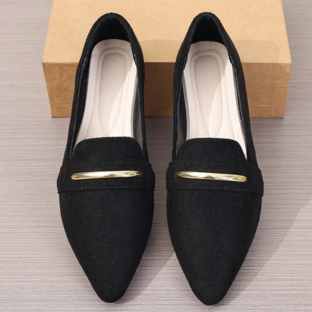 Women's Pointed Toe Loafers with Gold Metal Bar – Suede Ankle Strap Flats Comfortable Slip-On Shoes