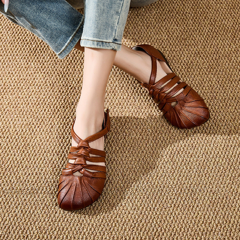 Women's Genuine Cow Leather Woven Strappy Flat Sandals - Pleated Open Toe Comfort Shoes with Ankle Strap