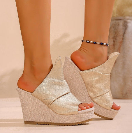 Women's Platform Wedge Sandals - Crisscross Strap Chunky Heel Slides