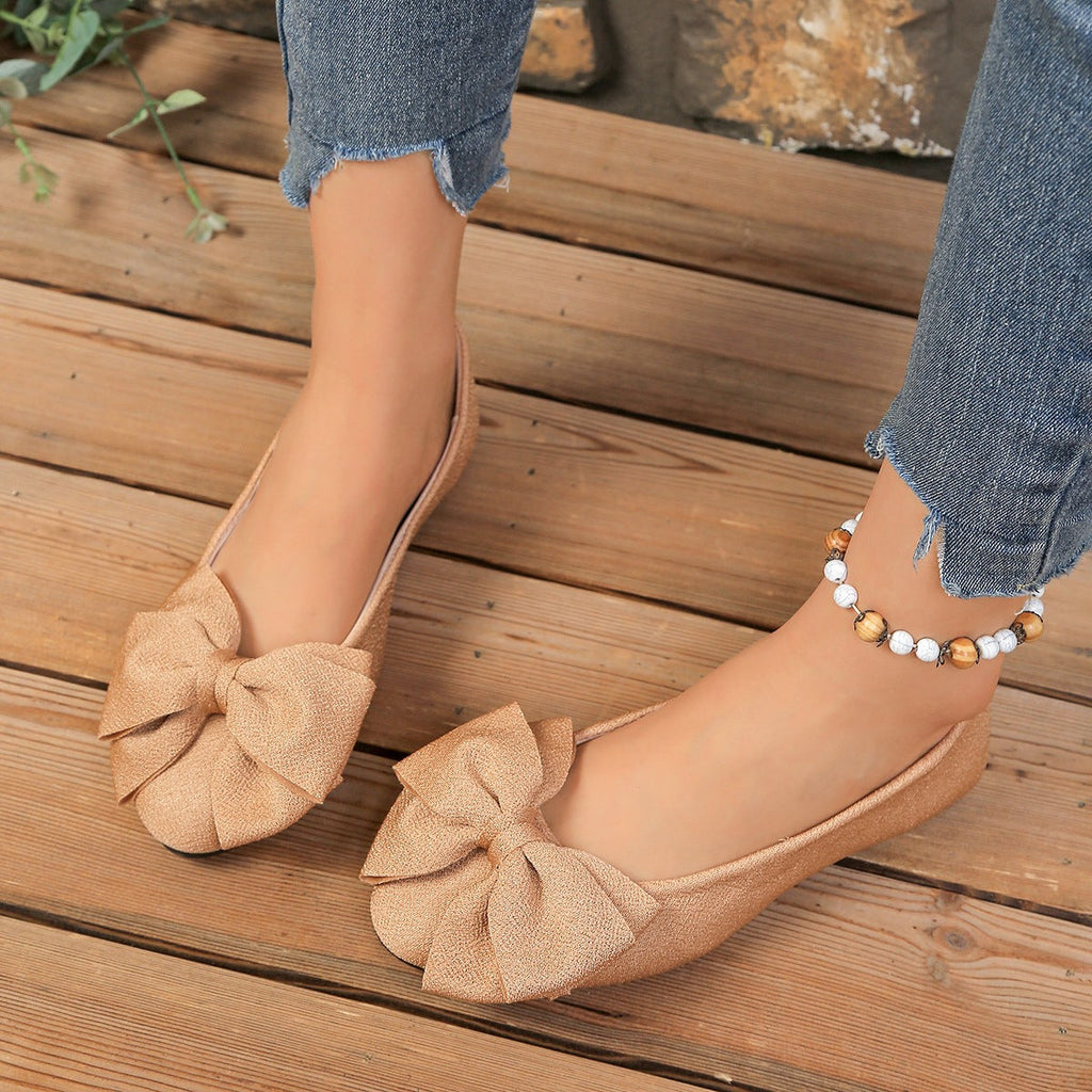 Women's Bow Flat Shoes – Sparkly Glitter Slip-On Ballet Flats with Big Bow