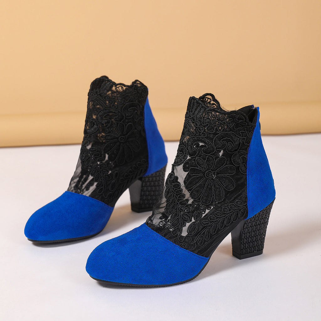 Elegant Lace Suede Ankle Boots – Floral Embroidered Block Heel Booties with Rhinestone Detail