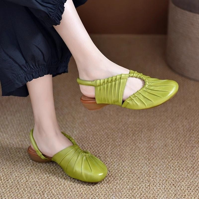 Women's Pleated Leather Slingback Mules - Low Heel Comfort Flats