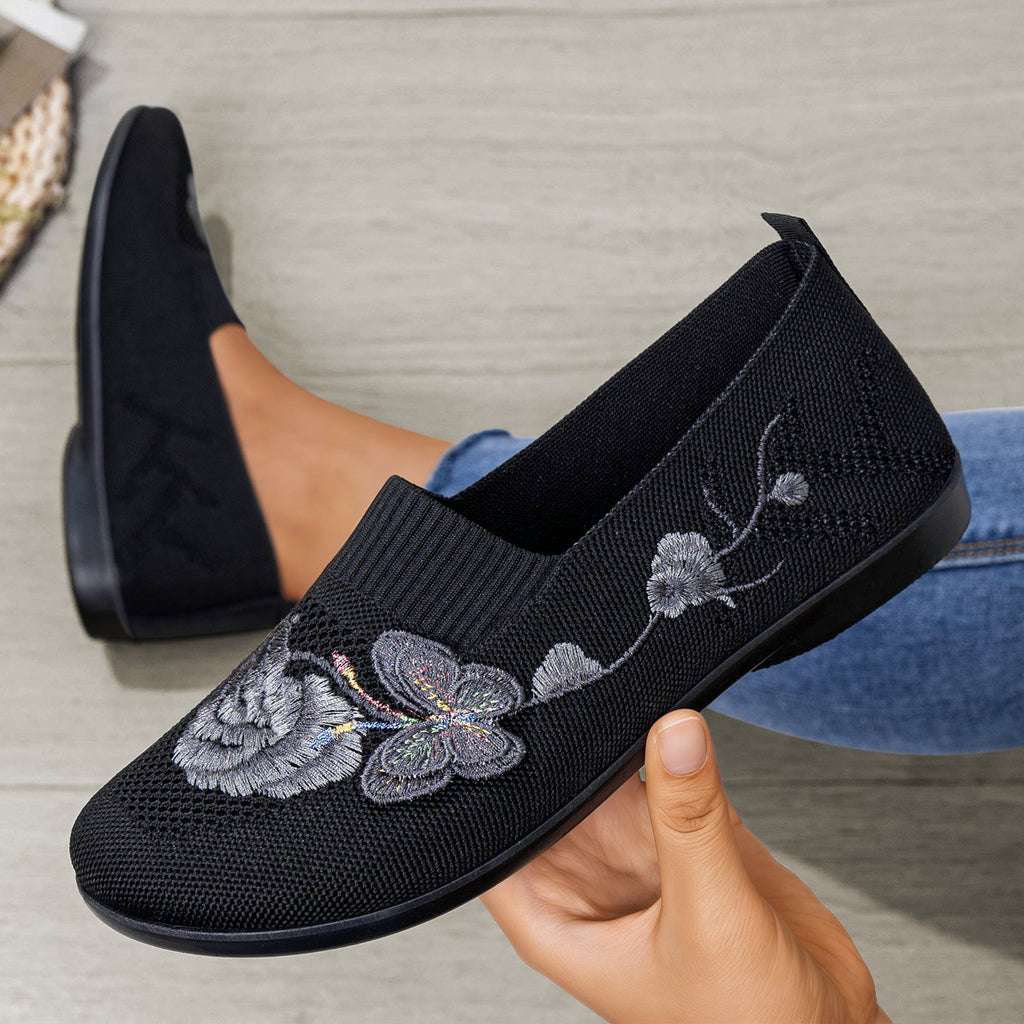 Women's Embroidered Knit Slip-On Shoes – Breathable Butterfly Casual Flats