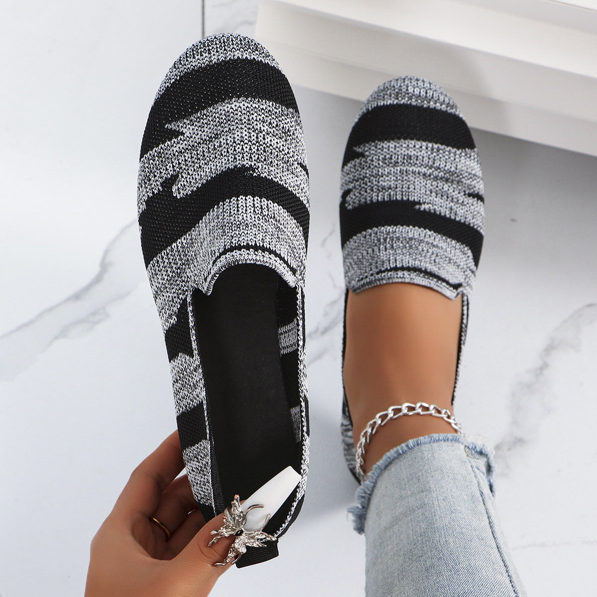 Women's Knit Slip-On Flats - Breathable Casual Camo & Striped Loafers