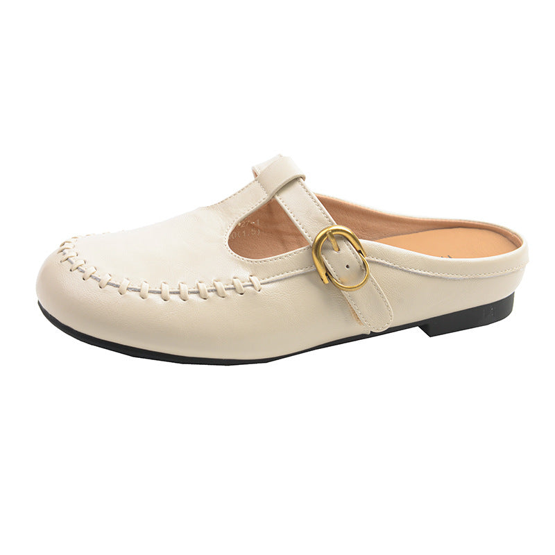 Women's White T-Strap Mule Loafers with Gold Buckle