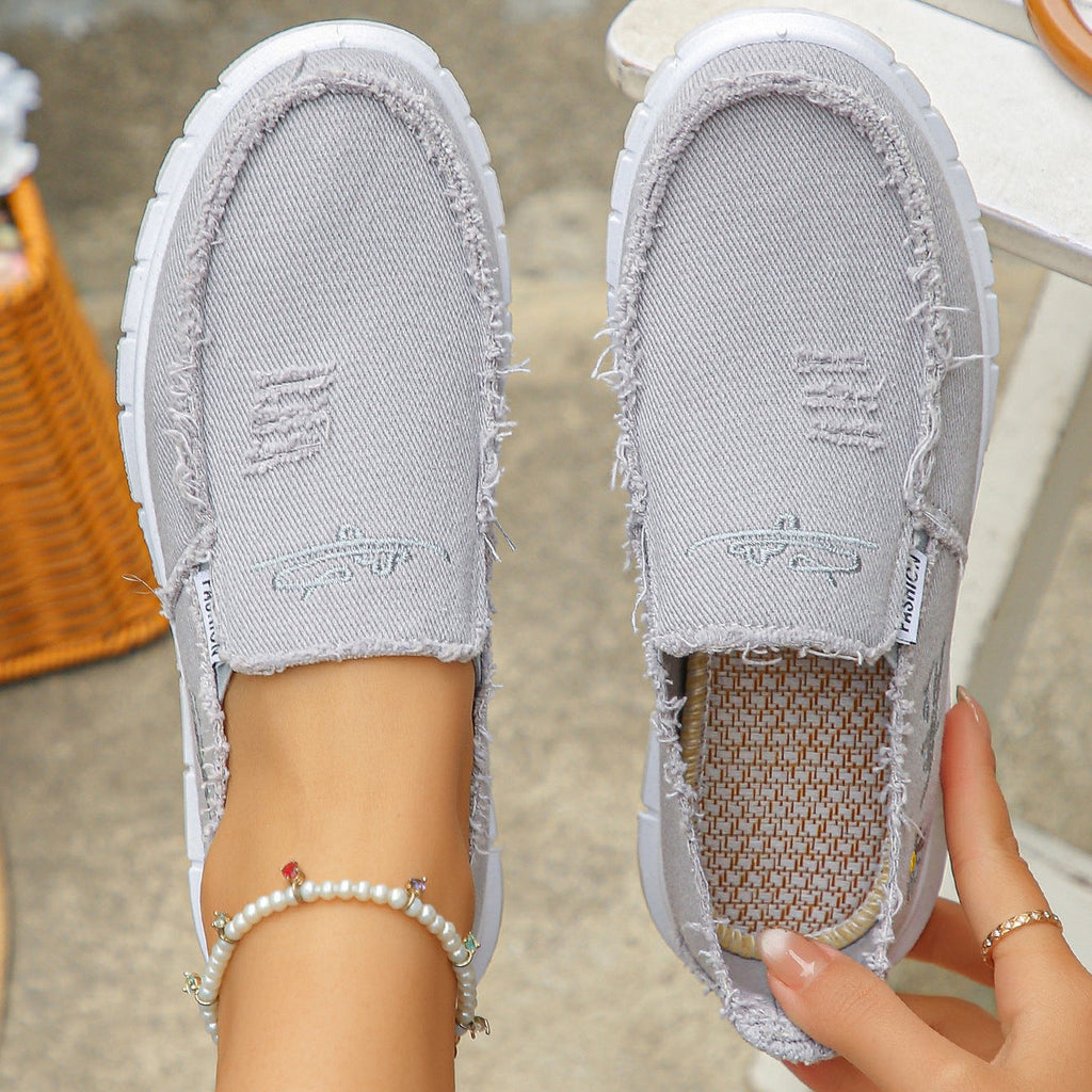 Women's Distressed Canvas Slip-On Loafers - Skateboard Embroidered Casual Shoes