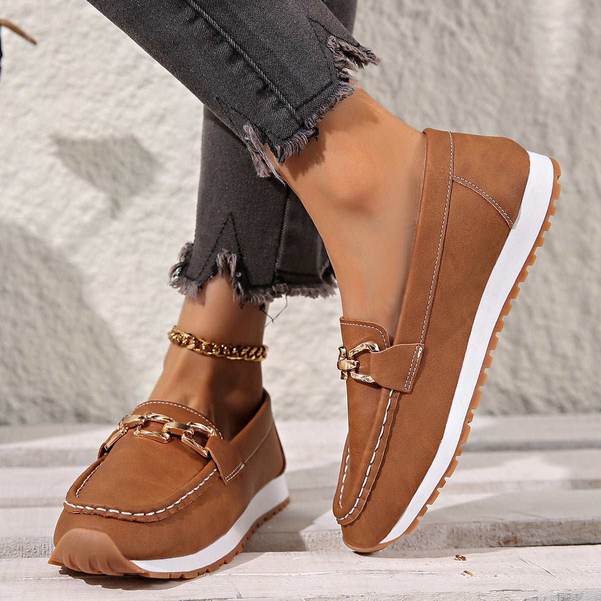 Classic Gold Buckle Loafers – Casual Platform Slip-On Shoes