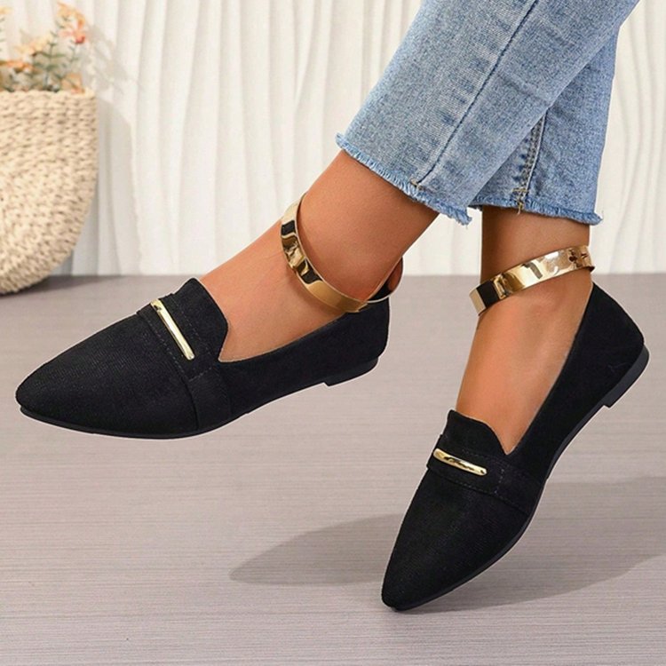 Women's Pointed Toe Loafers with Gold Metal Bar – Suede Ankle Strap Flats Comfortable Slip-On Shoes