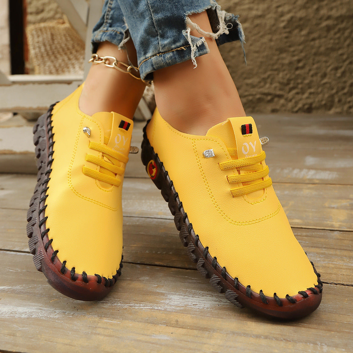 Casual Lace-Up Loafers for Women – Soft Leather Stitched Comfort Shoes with Anti-Slip Sole