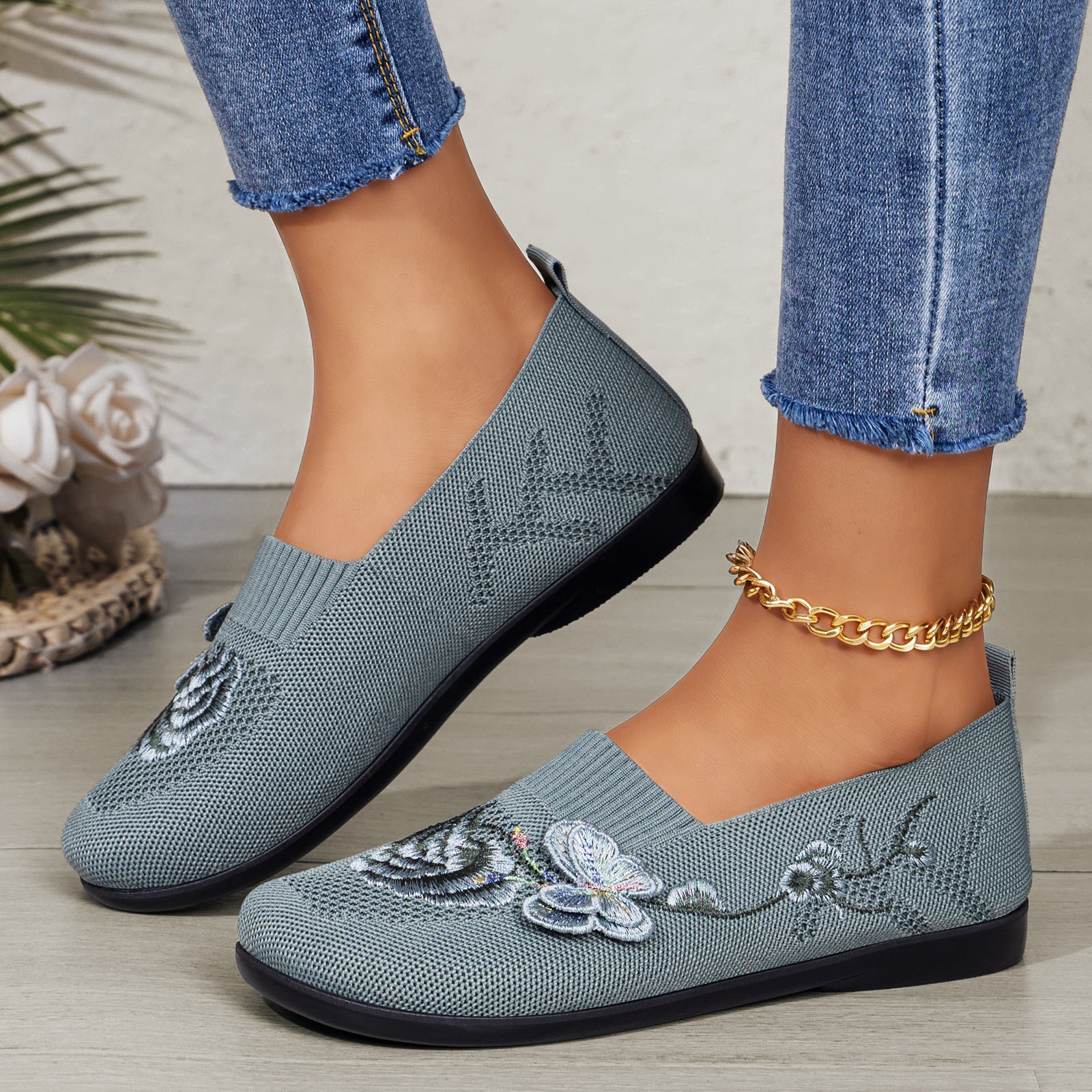 Women's Embroidered Knit Slip-On Shoes – Breathable Butterfly Casual Flats