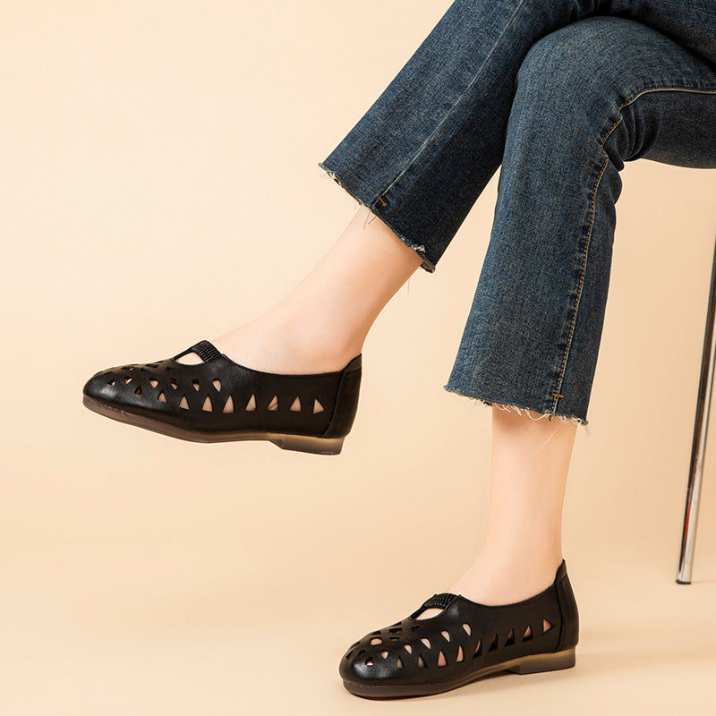 Women's Perforated Leather Slip-On Flats - Breathable Hollow Out Casual Shoes