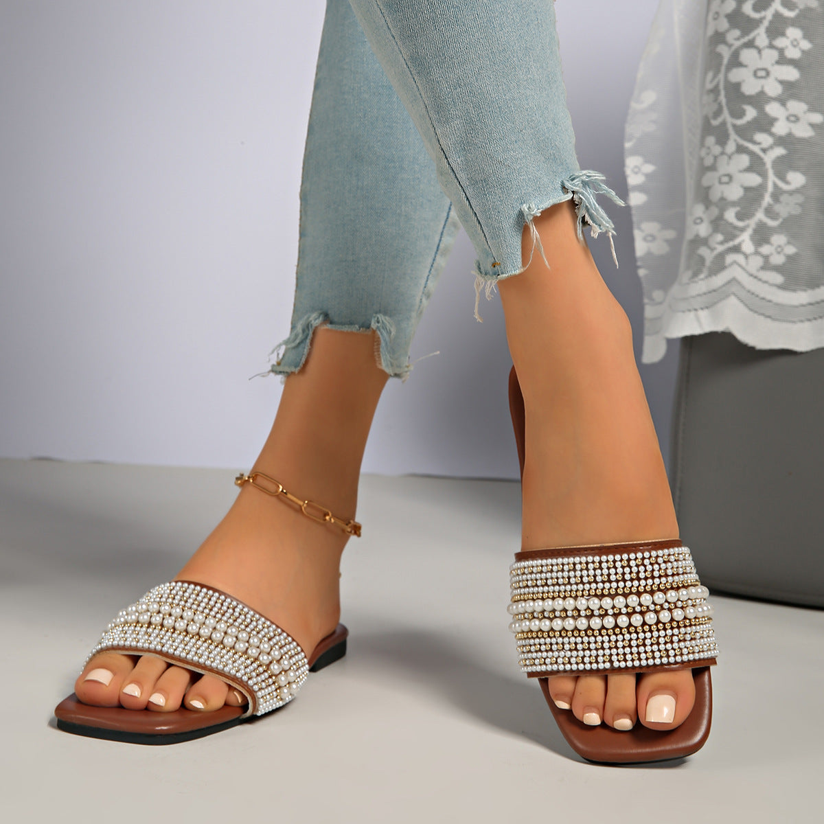 Pearl Rhinestone Embellished Square Toe Slide Sandals – Flat Comfort Mules