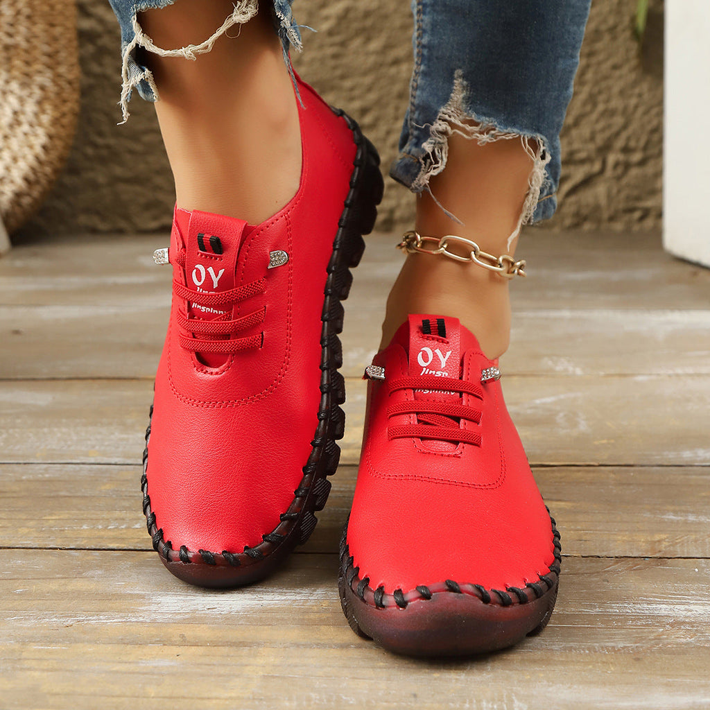 Casual Lace-Up Loafers for Women – Soft Leather Stitched Comfort Shoes with Anti-Slip Sole