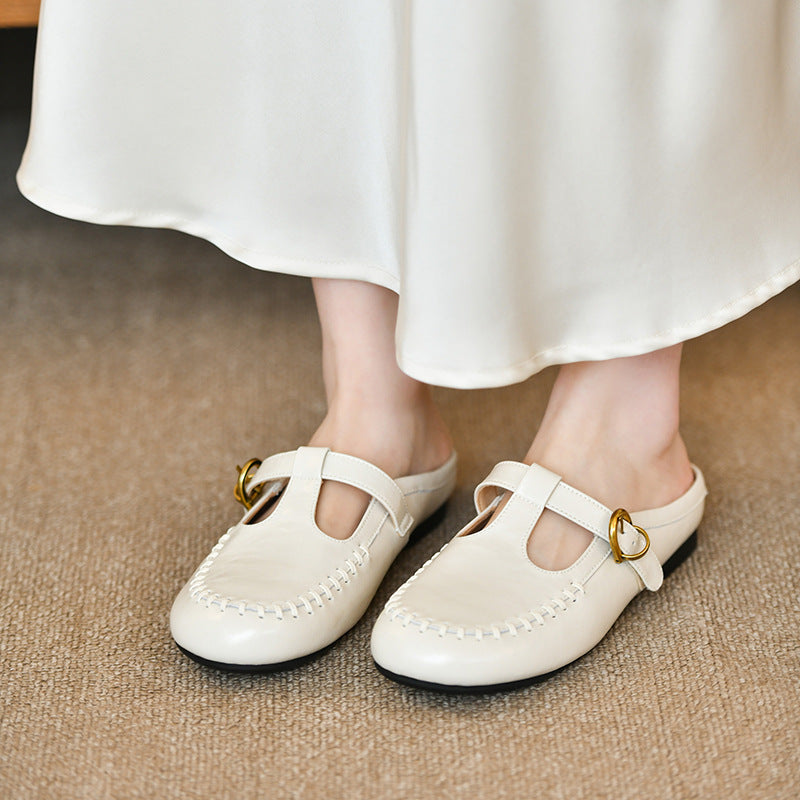 Women's White T-Strap Mule Loafers with Gold Buckle