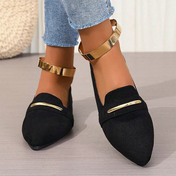 Women's Pointed Toe Loafers with Gold Metal Bar – Suede Ankle Strap Flats Comfortable Slip-On Shoes