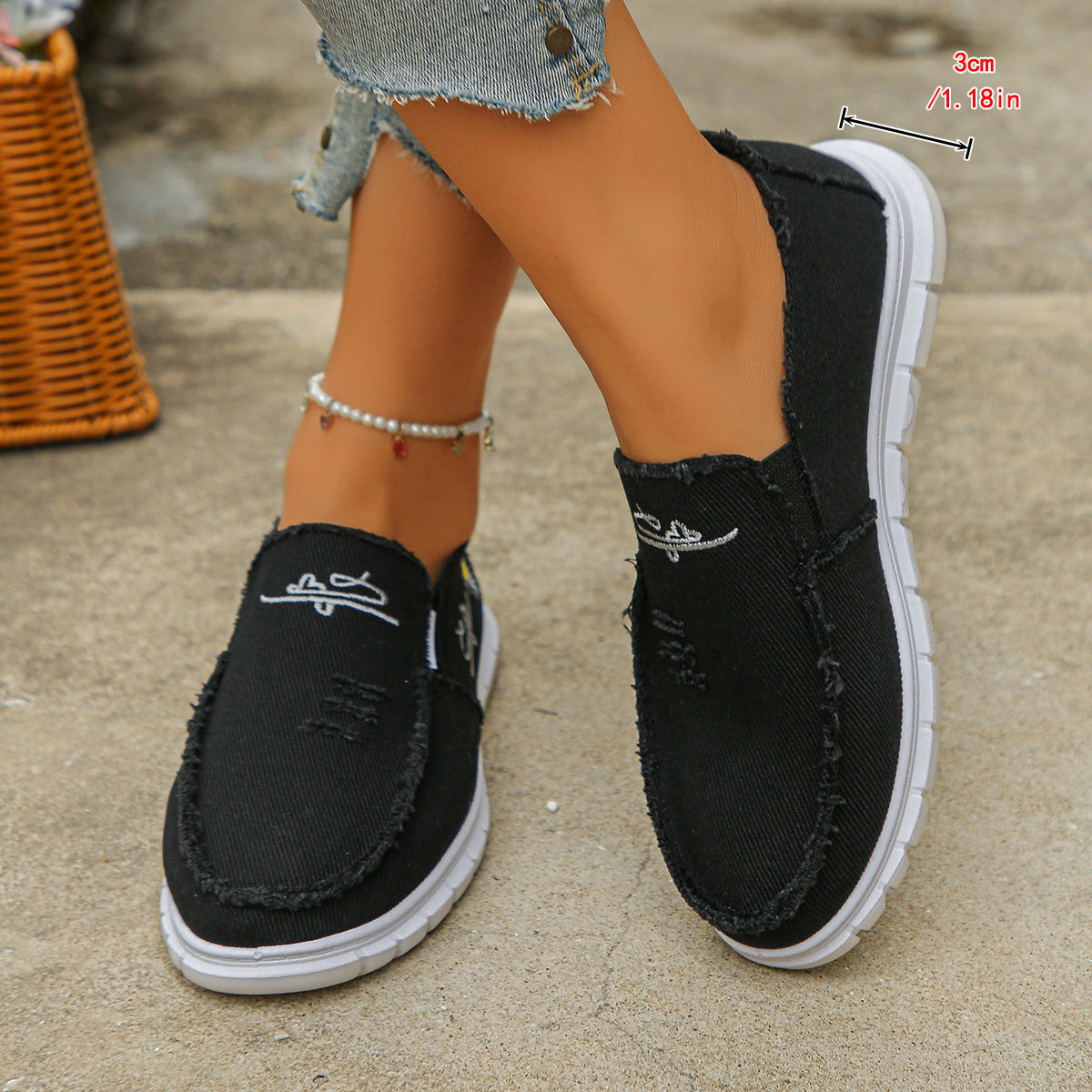 Women's Distressed Canvas Slip-On Loafers - Skateboard Embroidered Casual Shoes