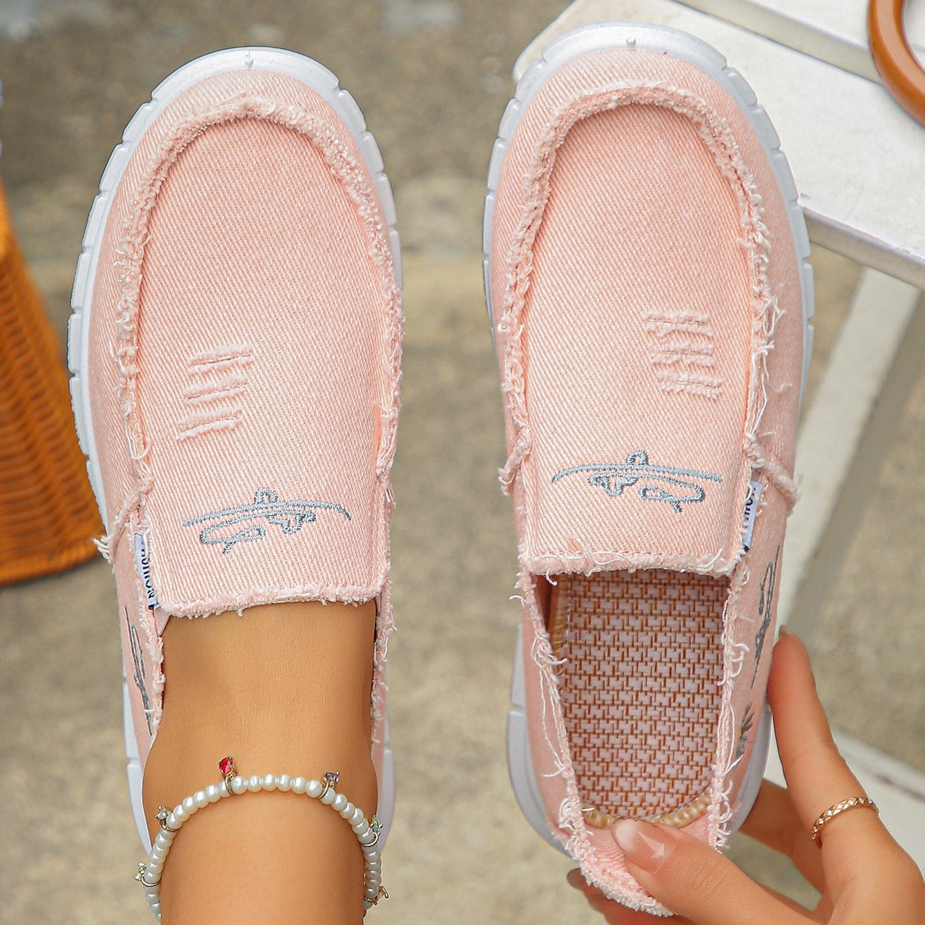 Women's Distressed Canvas Slip-On Loafers - Skateboard Embroidered Casual Shoes