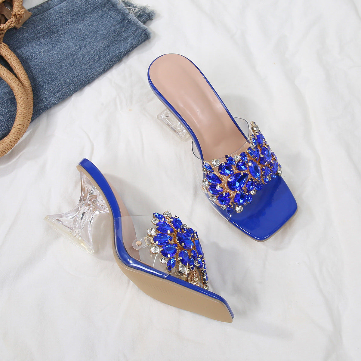 Sparkle Square Toe Clear Heeled Sandals – Rhinestone Embellished Transparent Mules