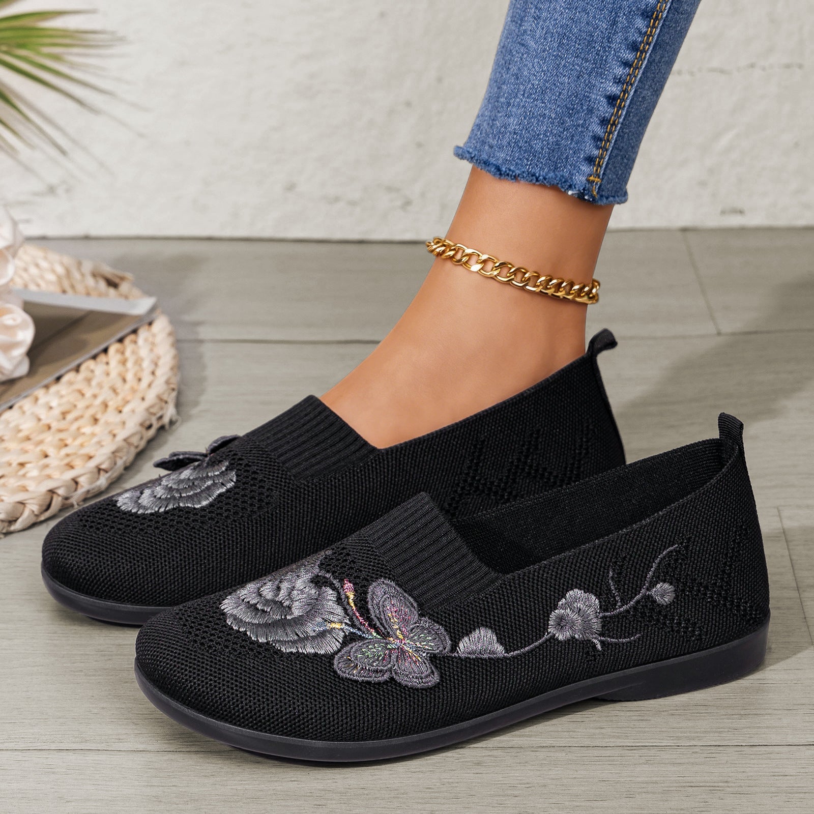 Women's Embroidered Knit Slip-On Shoes – Breathable Butterfly Casual Flats