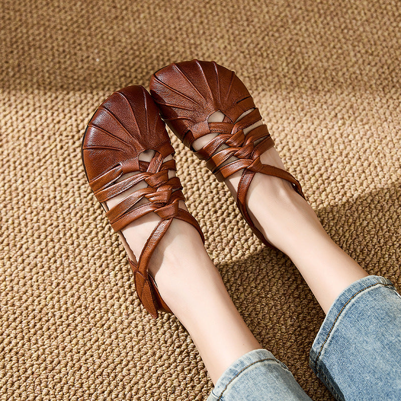 Women's Genuine Cow Leather Woven Strappy Flat Sandals - Pleated Open Toe Comfort Shoes with Ankle Strap