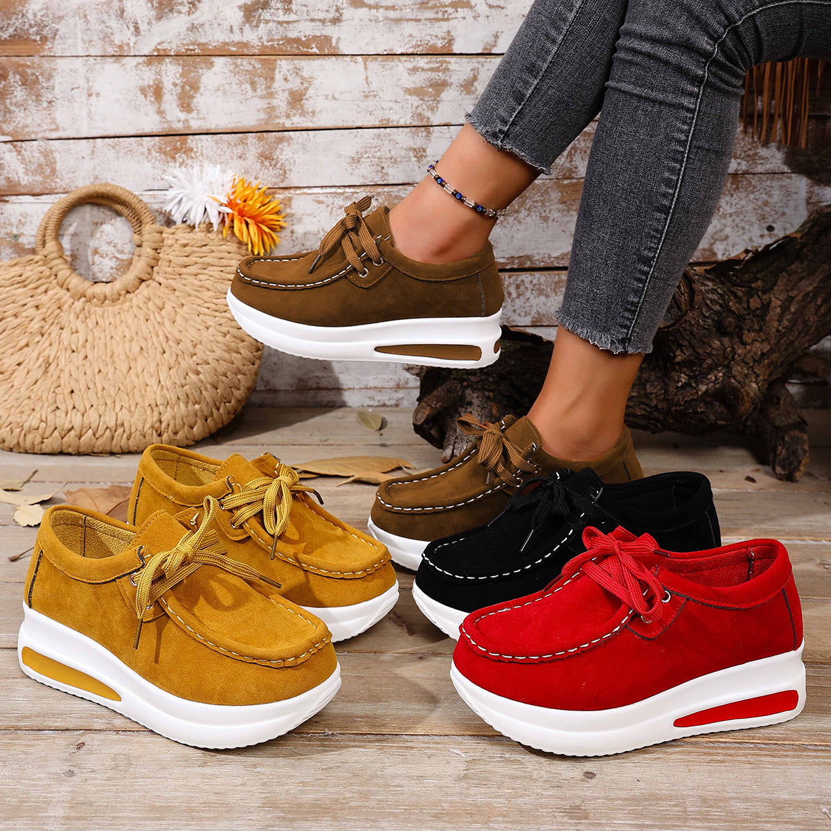 Women's Platform Lace-Up Loafers - Chunky Sole Suede Casual Sneakers
