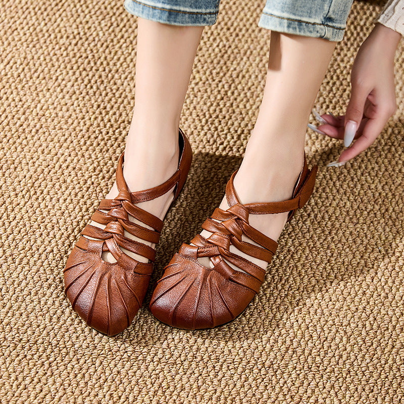 Women's Genuine Cow Leather Woven Strappy Flat Sandals - Pleated Open Toe Comfort Shoes with Ankle Strap
