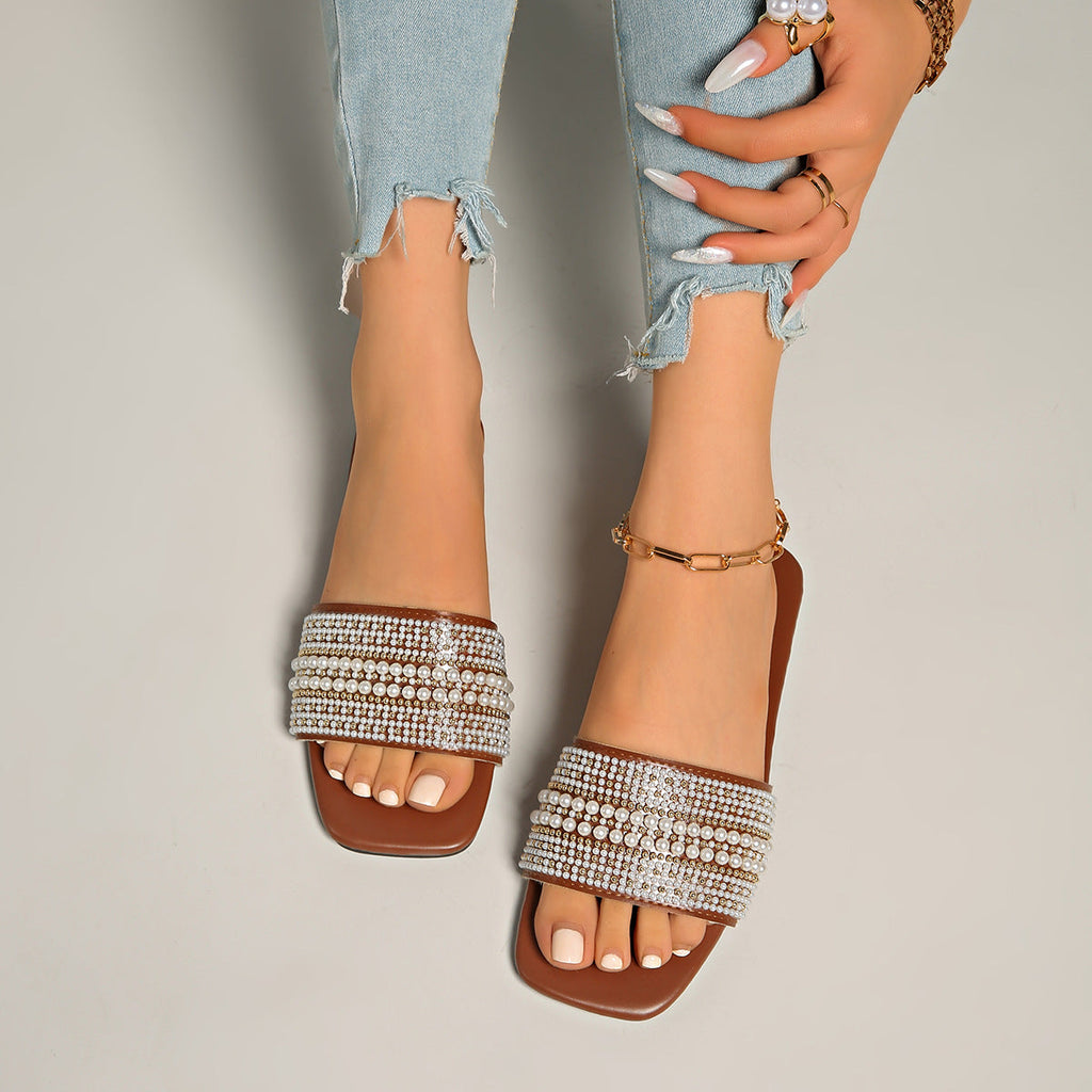 Pearl Rhinestone Embellished Square Toe Slide Sandals – Flat Comfort Mules