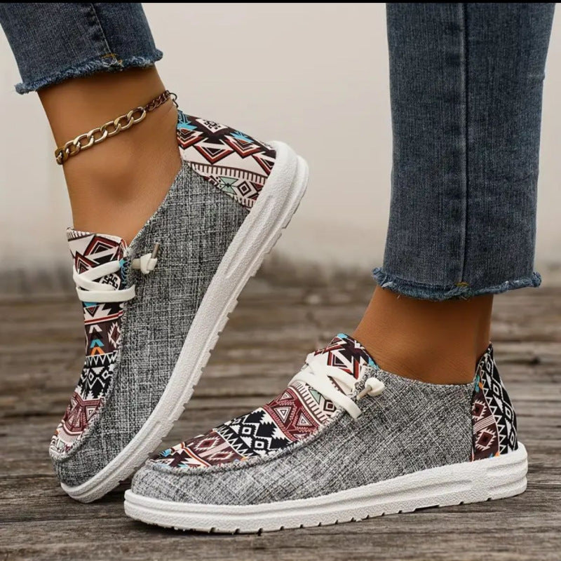 Women's Ethnic Aztec Canvas Sneakers - Tribal Print Casual Slip-On Shoes