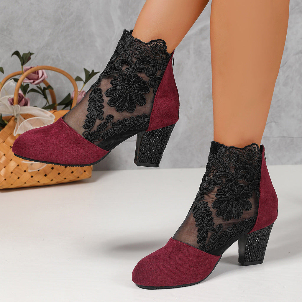 Elegant Lace Suede Ankle Boots – Floral Embroidered Block Heel Booties with Rhinestone Detail
