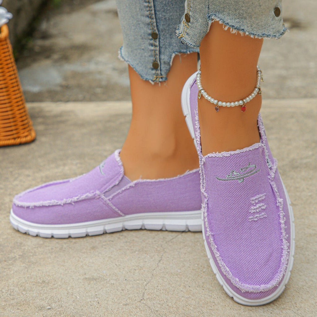 Women's Distressed Canvas Slip-On Loafers - Skateboard Embroidered Casual Shoes