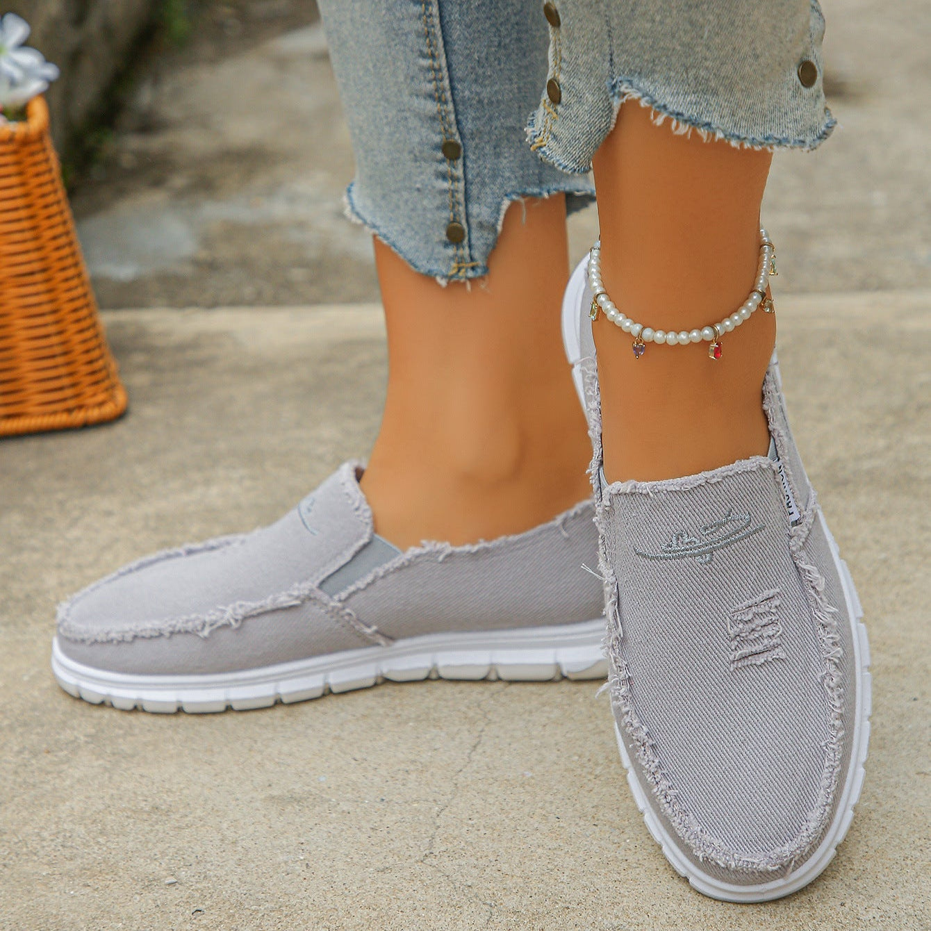 Women's Distressed Canvas Slip-On Loafers - Skateboard Embroidered Casual Shoes