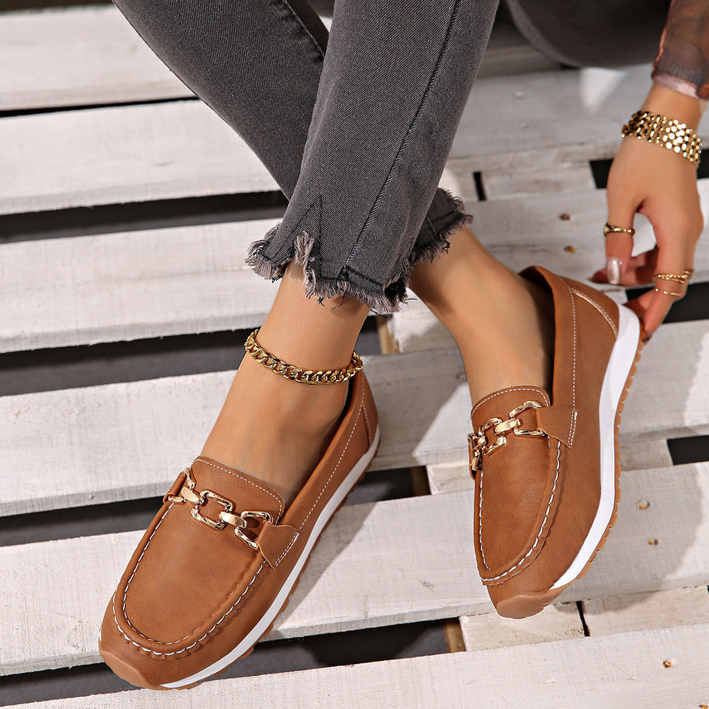 Classic Gold Buckle Loafers – Casual Platform Slip-On Shoes