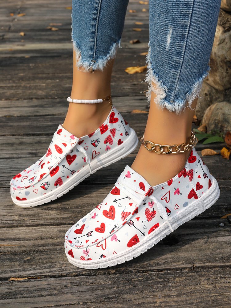 Women's Heart Print Canvas Slip-On Loafers - Casual Comfort Shoes
