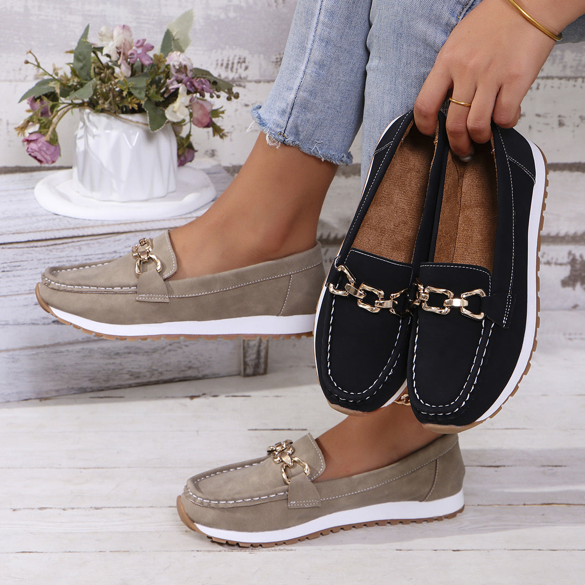 Classic Gold Buckle Loafers – Casual Platform Slip-On Shoes