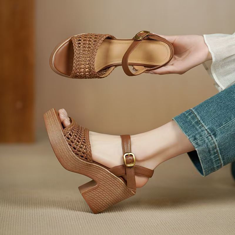 Women's 8CM Platform Chunky Heel Sandals - Woven Open Toe Slingback Shoes with Ankle Strap