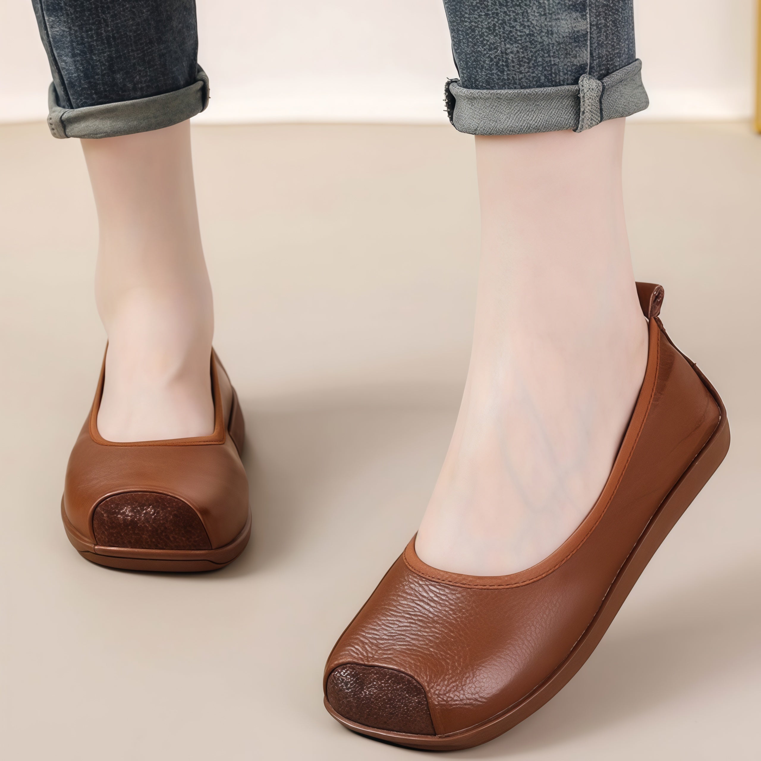Women's Genuine Cowhide Leather Slip-On Flats - Square Toe Comfort Casual Shoes