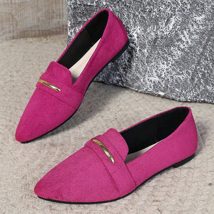 Women's Pointed Toe Loafers with Gold Metal Bar – Suede Ankle Strap Flats Comfortable Slip-On Shoes