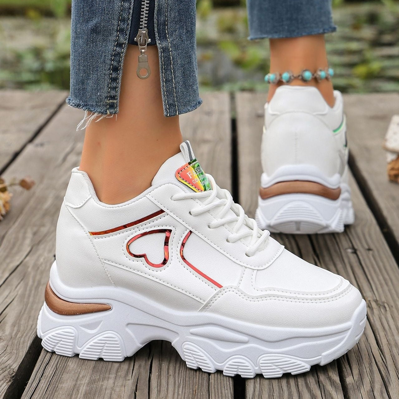 Women's Platform Sneakers Heart Cutout Chunky Dad Shoes