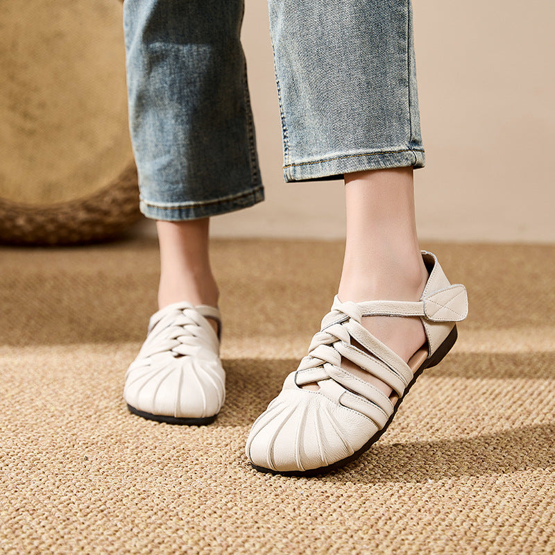 Women's Genuine Cow Leather Woven Strappy Flat Sandals - Pleated Open Toe Comfort Shoes with Ankle Strap