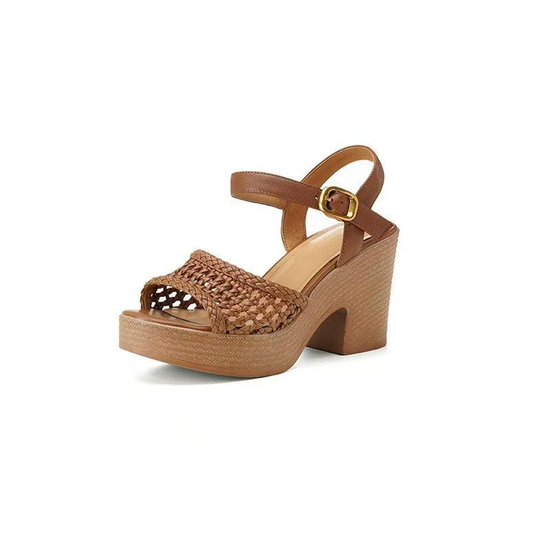 Women's 8CM Platform Chunky Heel Sandals - Woven Open Toe Slingback Shoes with Ankle Strap