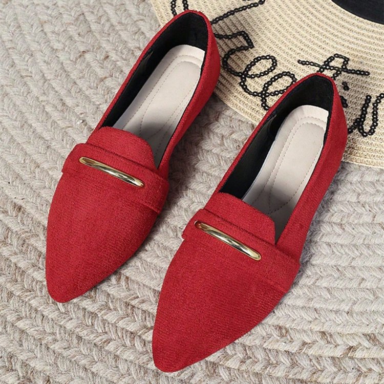 Women's Pointed Toe Loafers with Gold Metal Bar – Suede Ankle Strap Flats Comfortable Slip-On Shoes