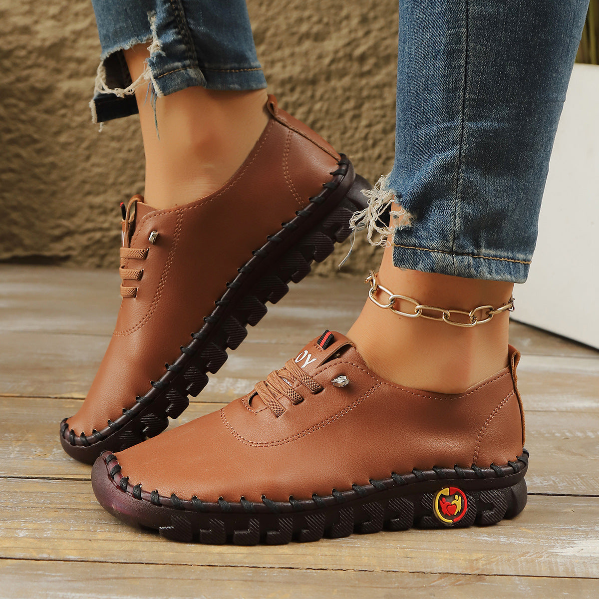 Casual Lace-Up Loafers for Women – Soft Leather Stitched Comfort Shoes with Anti-Slip Sole