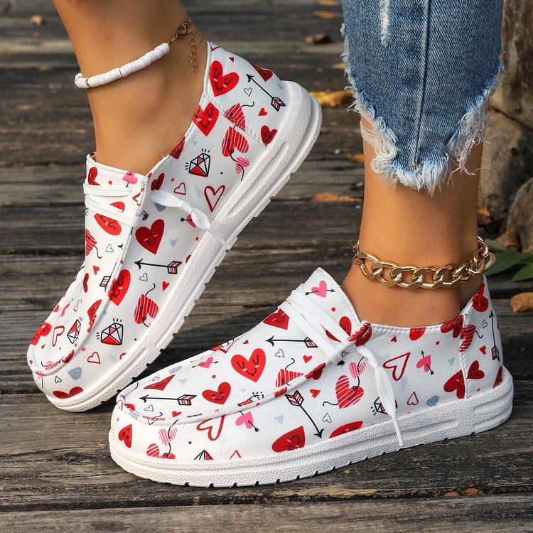 Women's Heart Print Canvas Slip-On Loafers - Casual Comfort Shoes