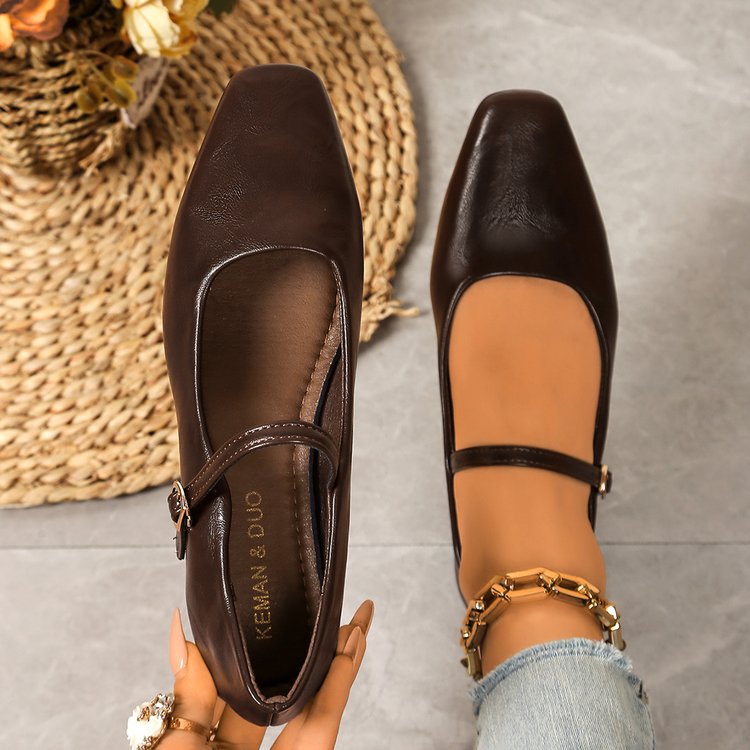 Women's Square Toe Mary Jane Flats with Ankle Strap – Classic Buckle Slip-On Casual Shoes