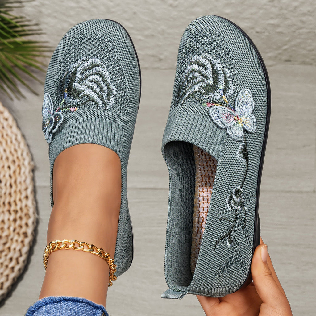 Women's Embroidered Knit Slip-On Shoes – Breathable Butterfly Casual Flats