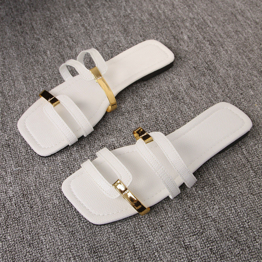Women's Square Toe Strappy Slide Sandals with Gold Metal Accents – Comfortable Flat Summer Shoes