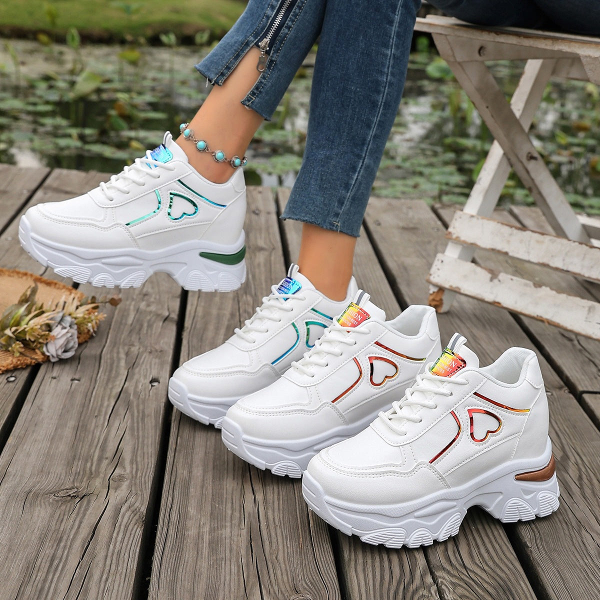 Women's Platform Sneakers Heart Cutout Chunky Dad Shoes