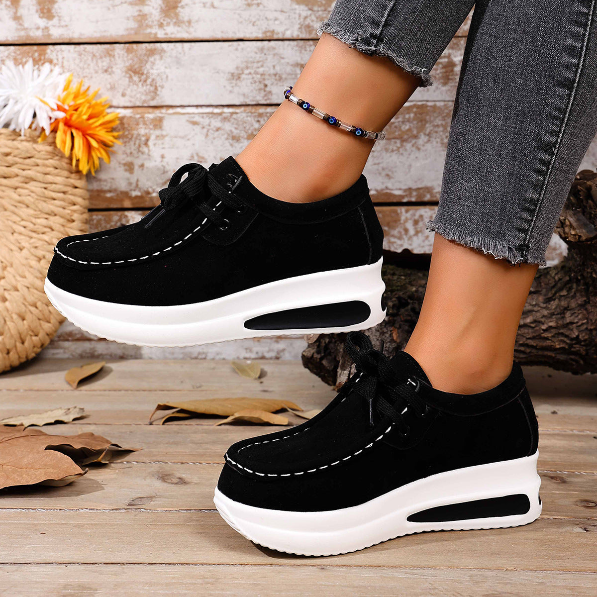 Women's Platform Lace-Up Loafers - Chunky Sole Suede Casual Sneakers